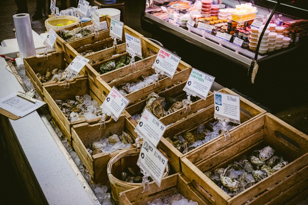 Seafood on sale ztSt Lawrence Market in Toronto